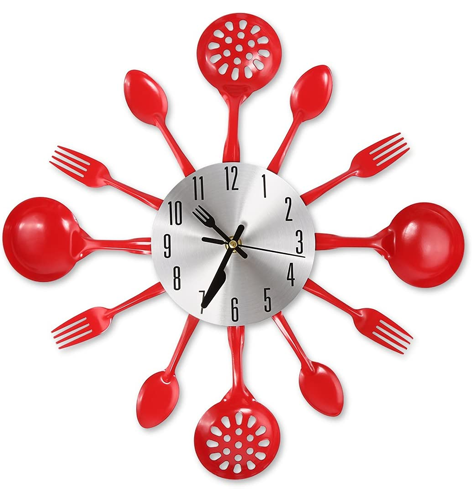 CIGERA 14" Kitchen Cutlery Wall Clock with Forks and Spoons for Home Decor,Red